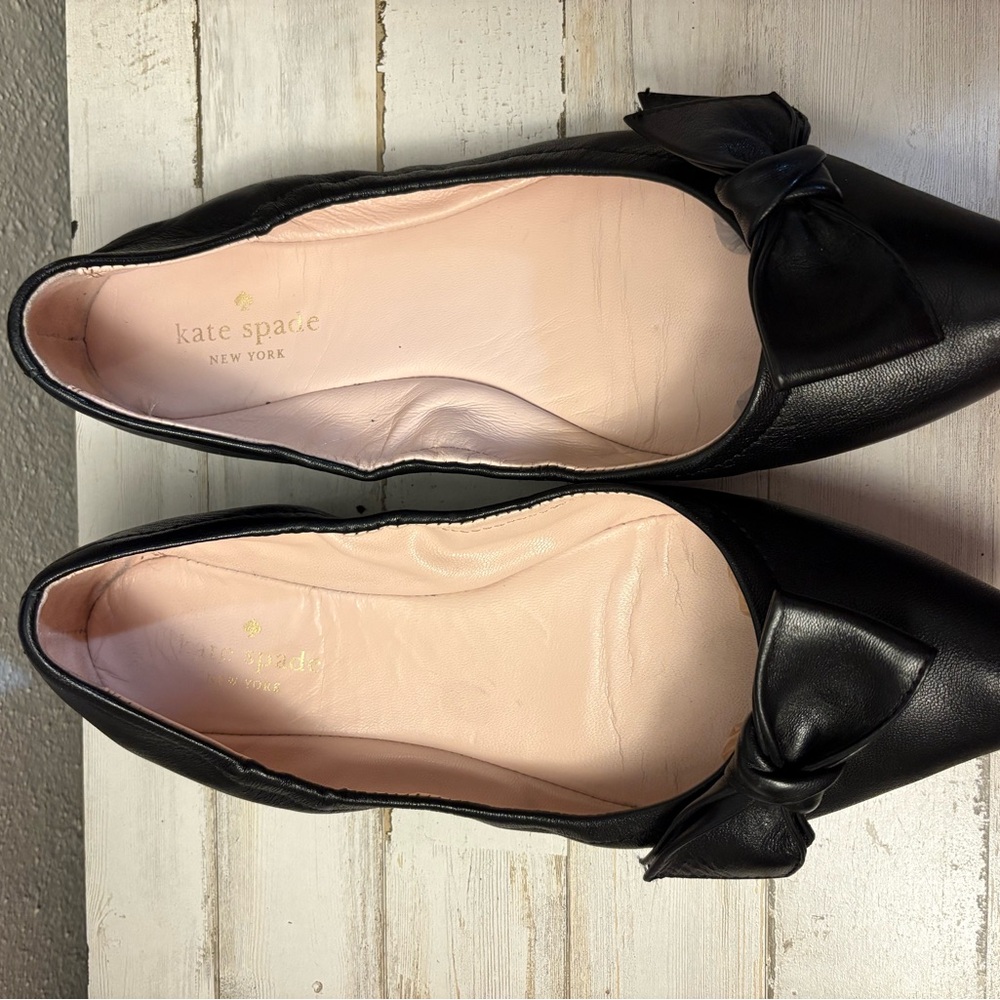 kate spade Black Leather Bow Pointed Ballet Flats - Picture 2 of 8